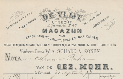 712189 Kop van een nota van “De Vlijt”, voorheen firma W.A. Schade & Zonen, Magazijn van Garen, Band, Wol, Brei- en ...